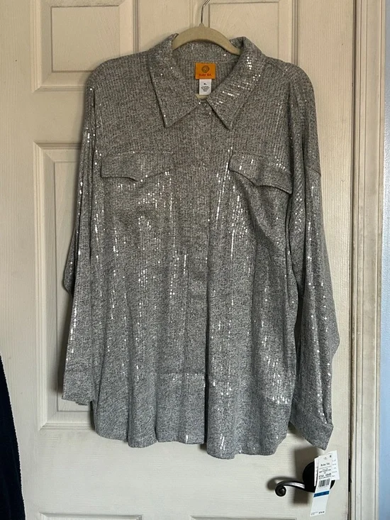 NWT Ruby Rd. Sequin charcoal heather snap button down shirt size XL - Picture 1 of 4